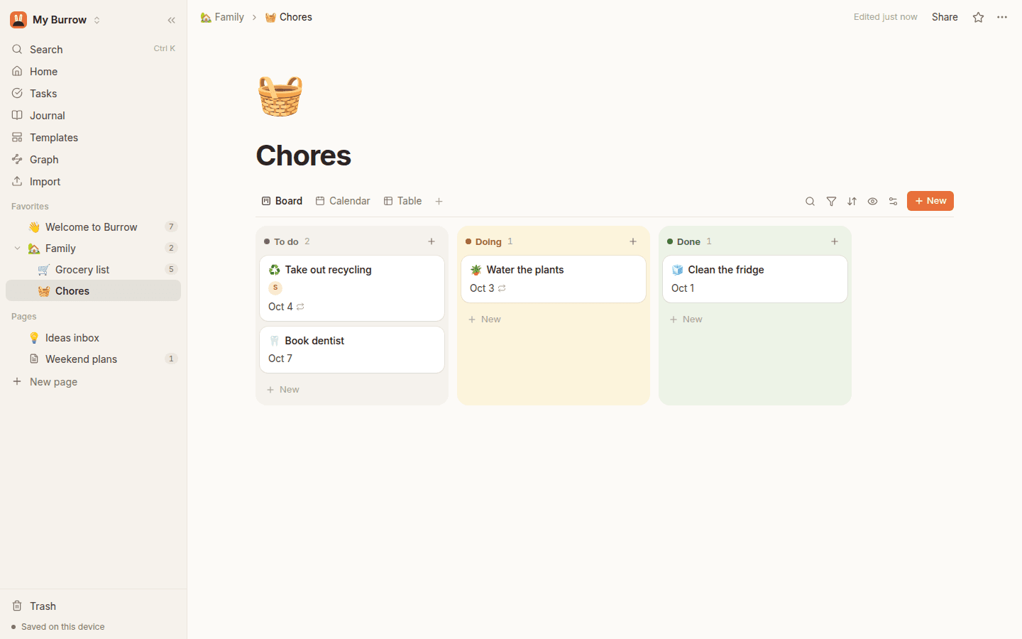A chores board in Burrow with cards in columns