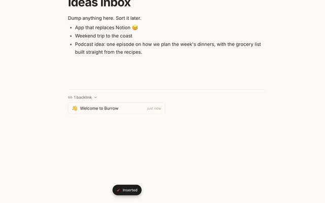 Dictated text just inserted into a Burrow page, with Barky's bar saying Inserted (a simulated rendering of the bar, not a recording)